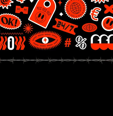 Black-and-red hero banner showcasing premium Gen Z stickers, trendy aesthetic stickers, smiley tags, retro labels, and graphic elements.