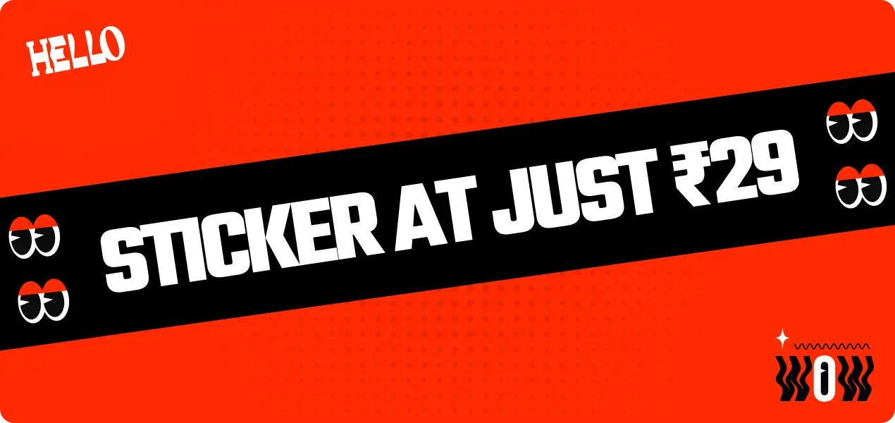 Stylish red promotional banner showcasing affordable Gen Z stickers priced at ₹29 with fun graphic accents.